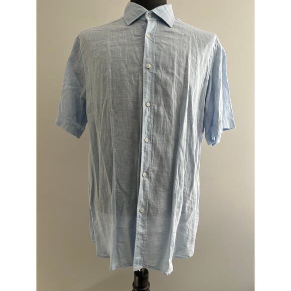 Saks Fifth Avenue 100% Linen Short Sleeve Button Down Baby Blue Size Large JJ